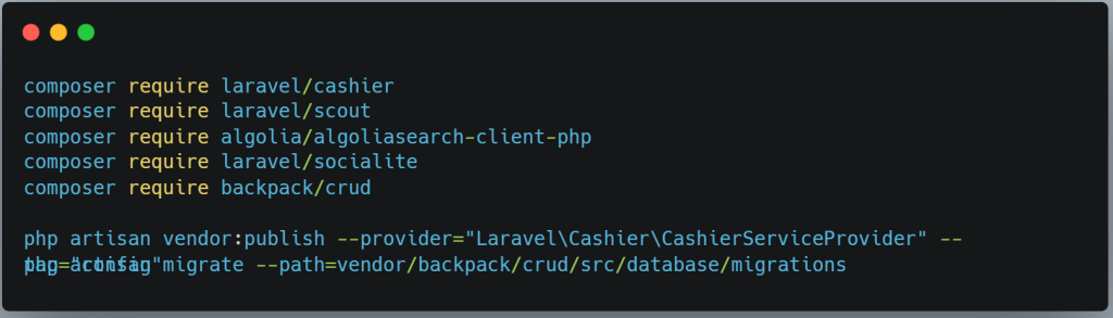 Install the necessary packages php code