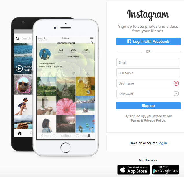 instagram login page