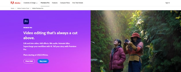 screenshot of adobe premier pro website