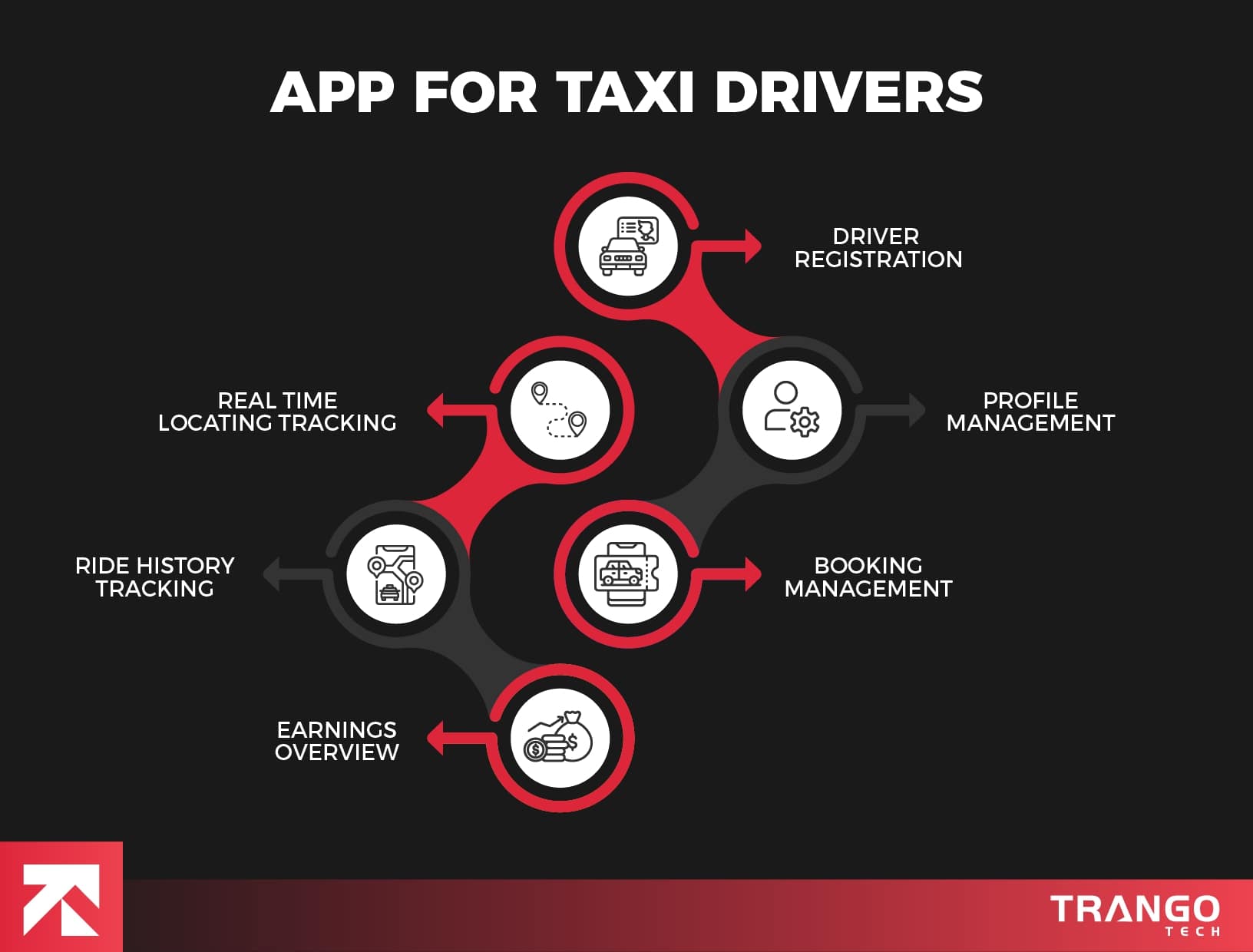 infographic showing features and functionalities of app for taxi drivers