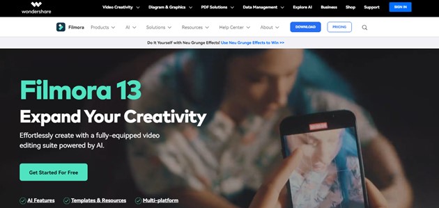 screenshot of filmora website
