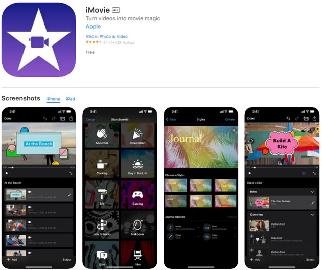 screenshot of imovie video editor on apple store