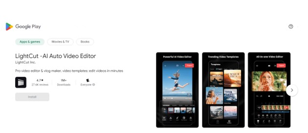screenshot of lightcut on playstore