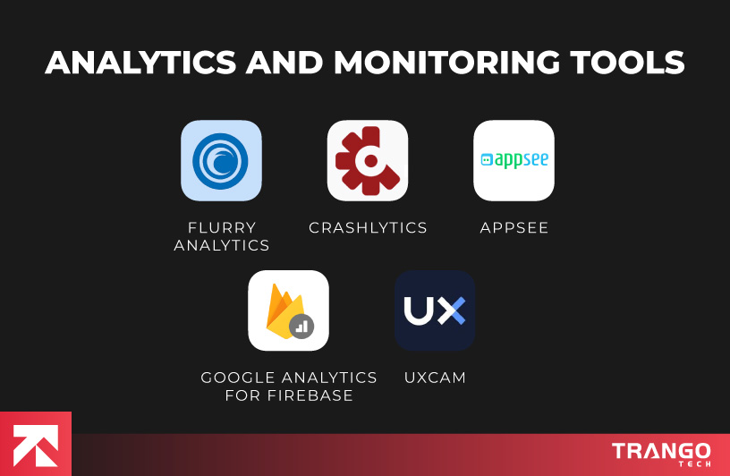 infographic showing icons of 5 analytics and monitoring tools for android app
