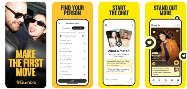 showing four Bumble dating app screens for user understanding