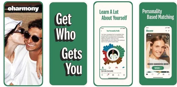 showing four eharmony dating app screens for user understanding