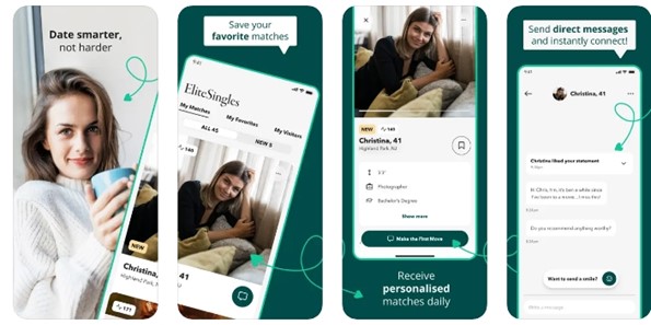 showing four Elitesingles dating app screens for user understanding