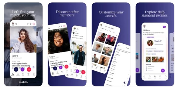 showing four Match dating app screens for user understanding