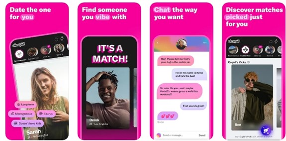 showing four OKcupid dating app screens for user understanding