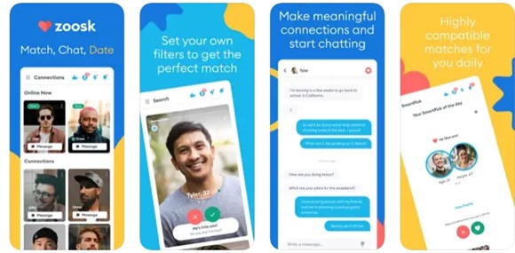 showing four Zoosk dating app screens for user understanding