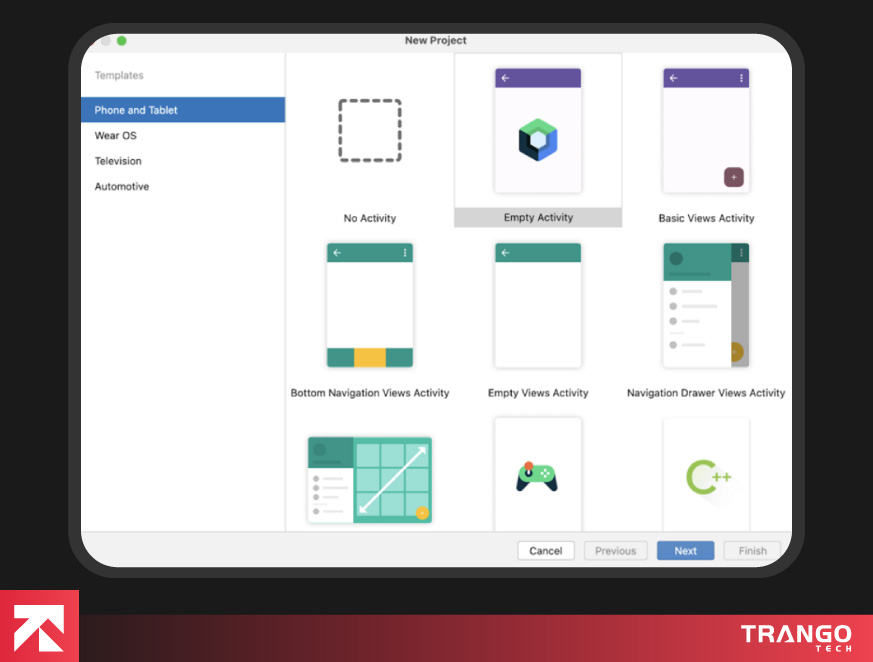 showing template selection screen on android studio