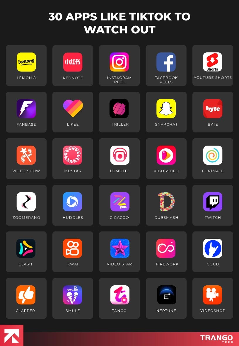 infographic showing list of 30 tiktok alternatives