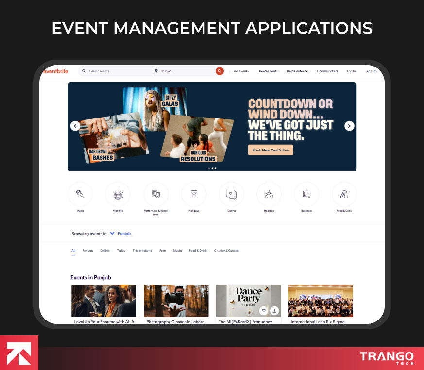 showing an example of event management web app