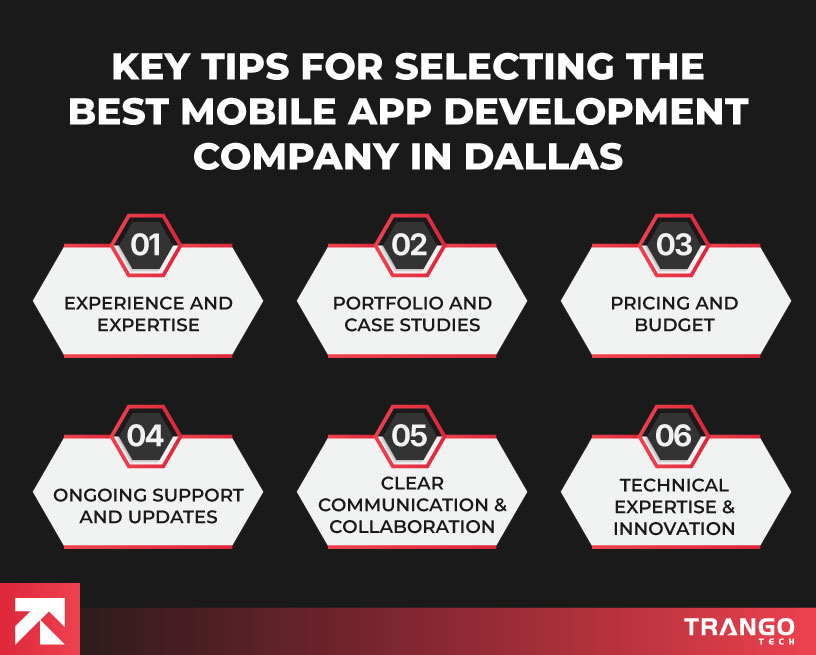 infographic showing 6 tips for selecting best mobile app development company in Dallas