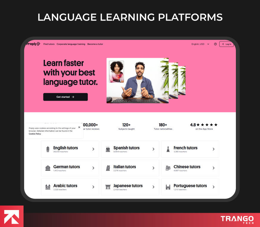showing an example of language learning web app