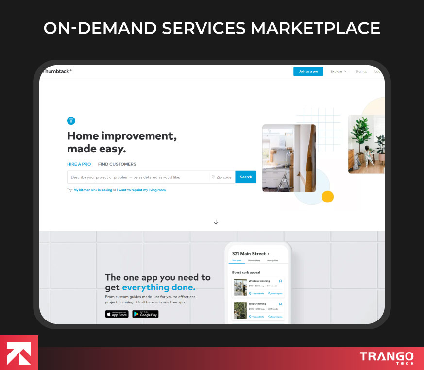 showing an example of on-demand service marketplace web app