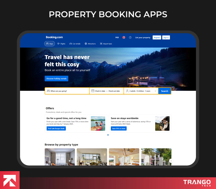 Showing an example of property booking web app