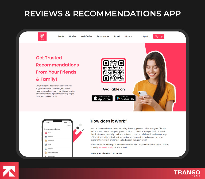 showing an example of review recommendations web app
