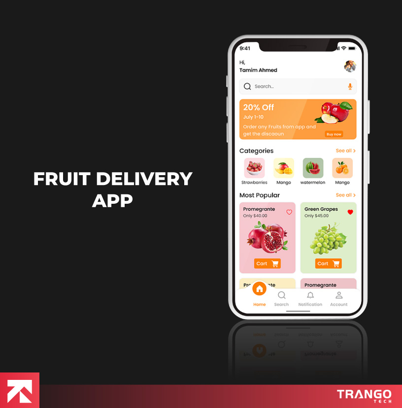 showing fruit delivery app idea on a mobile screen