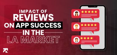 Blog banner on reviews' impact on LA app success. Red-black design with smartphone, star ratings, avatars. Features Trango Tech logo.