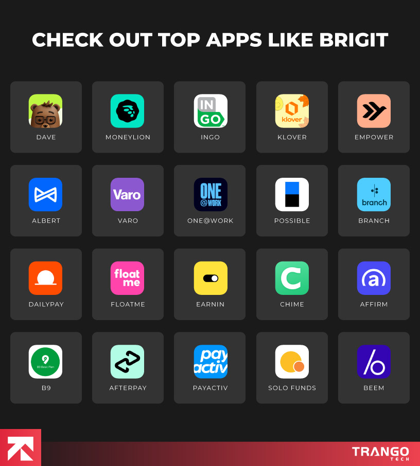 infographic showing list of top 20 apps similar to Brigit