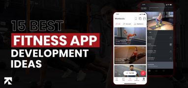 Featured image: 15 fitness app ideas with AI, yoga, VR apps, and mobile mockup, by Trango Tech