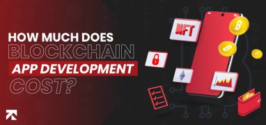 Illustration asking "How Much Does Blockchain App Development Cost?" with icons of NFT, crypto wallet, and charts by Tango Tech.