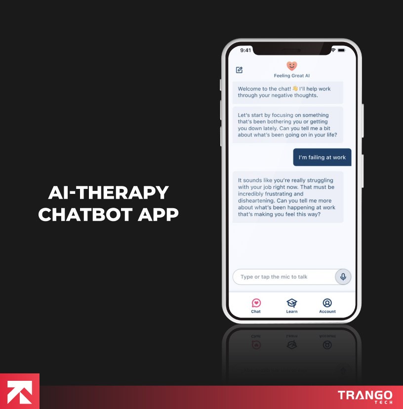 AI-therapy chatbot app with conversation interface for negative thought support, by Trango Tech.