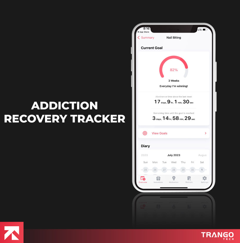 Addiction recovery tracker app with progress (82% goal, 17 days abstinence) and diary, by Trango Tech.