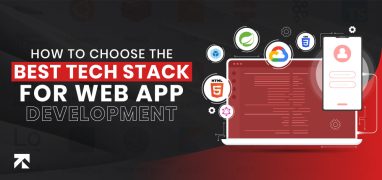 Infographic on choosing the best tech stack for web app development, featuring icons of HTML, CSS, JavaScript, and cloud platforms, with a laptop and smartphone illustration by Trango Tech.