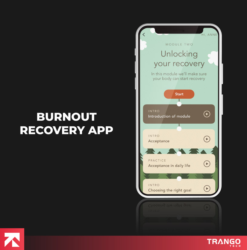 Burnout recovery app with module two (acceptance, goal setting) interface for recovery, by Trango Tech.
