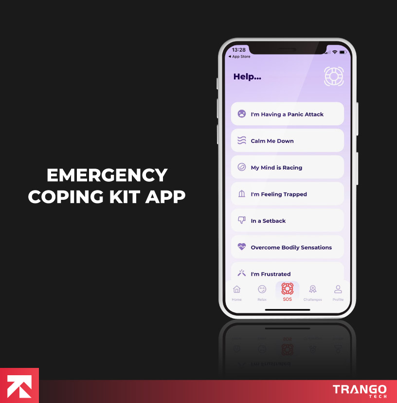 Emergency coping kit app with help options (panic attack, calm down) for crisis support, by Trango Tech.