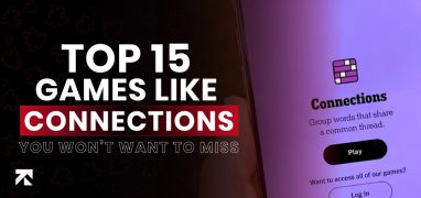 Banner for Top 15 games like Connections, featuring puzzle icons and a phone screen with the Connections game, highlighting word group fun.