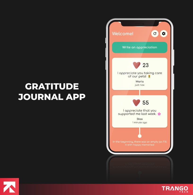 Gratitude journal app showing appreciation entries and write option, designed for positive tracking, by Trango Tech.