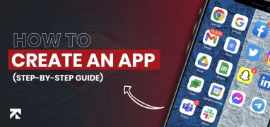 Guide on how to create an app with a step-by-step approach, featuring a smartphone with popular app icons, presented by Trango Tech.