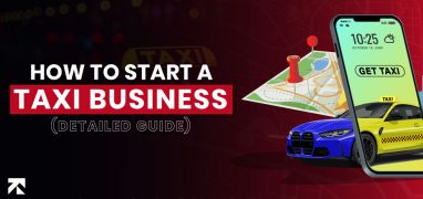 Detailed guide to start a taxi business with a map and taxi app on a phone, featuring modern taxis, by Trango.