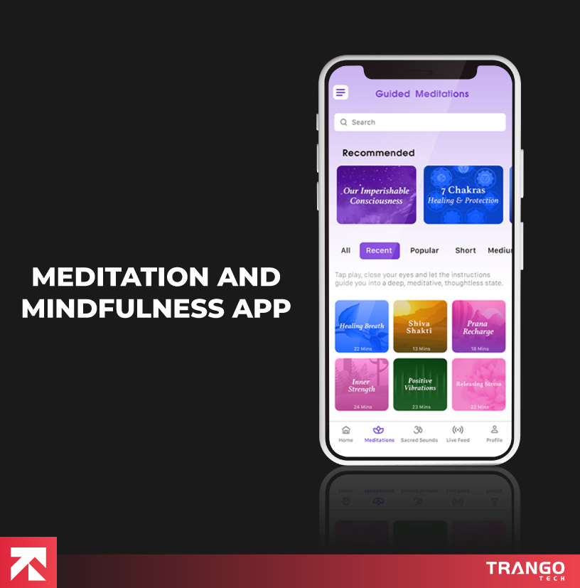 Meditation and mindfulness app with guided sessions (healing breath, shiva shakti) interface, by Trango Tech.