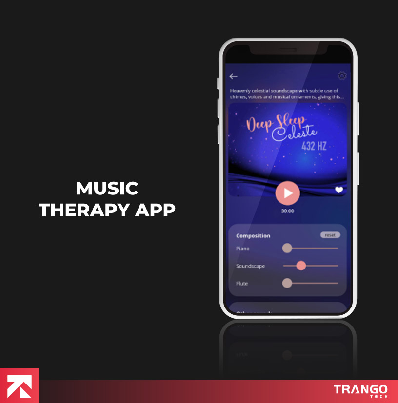 Music therapy app with deep sleep celeste (432 Hz) and sound settings (piano, flute), by Trango Tech.