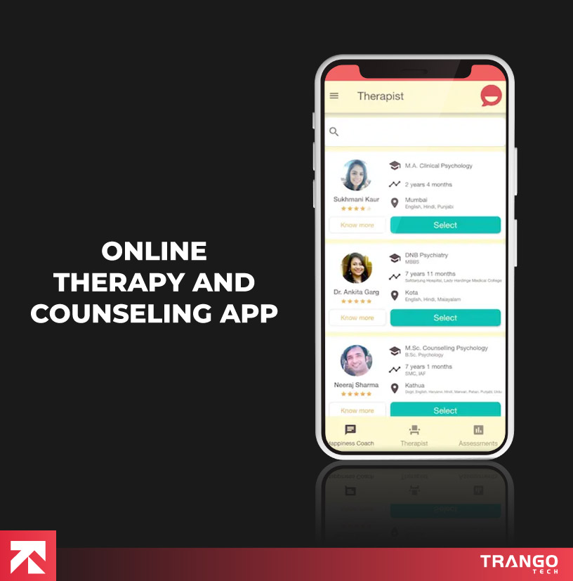 Online therapy app with therapist profiles and booking, by Trango Tech.