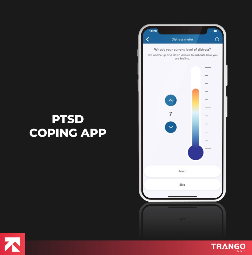 PTSD coping app with distress meter (level 7) for stress tracking, by Trango Tech.