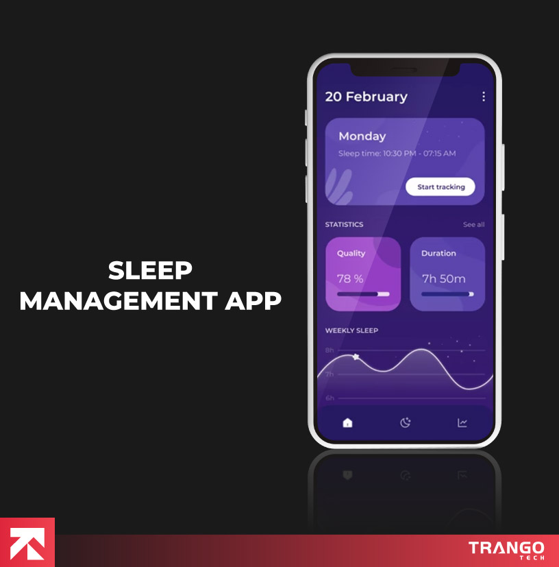 Sleep management app with tracking (10:30 PM - 07:15 AM, 78% quality), by Trango Tech.