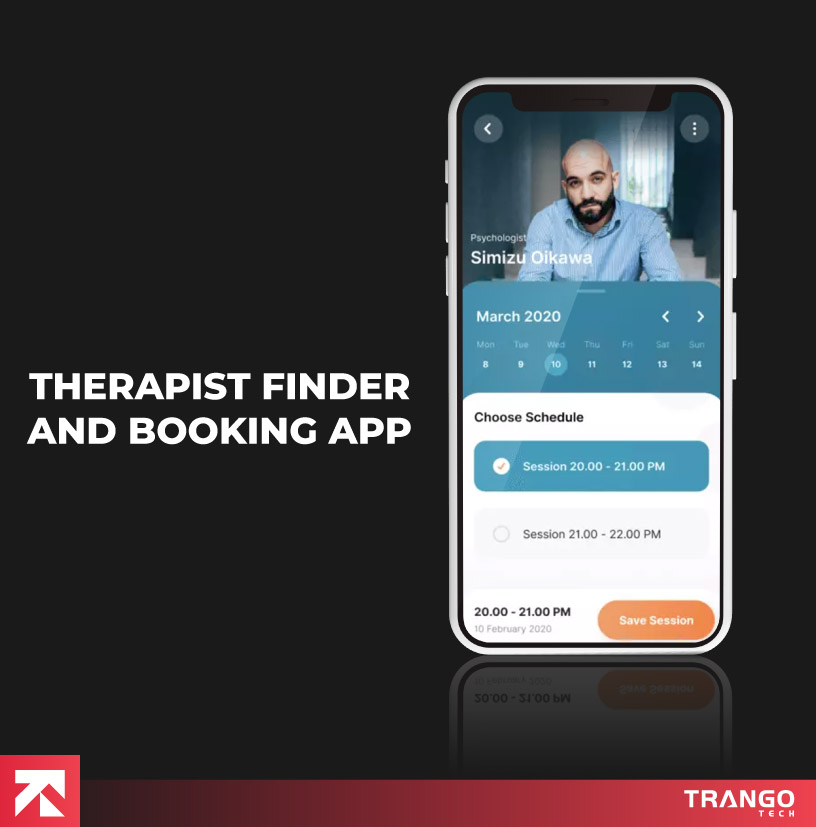 Therapist finder app with booking interface by Trango Tech.