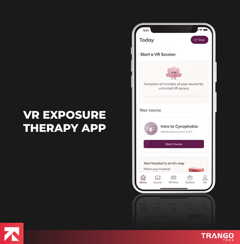 VR exposure therapy app with cynophobia course and VR session start, by Trango Tech.
