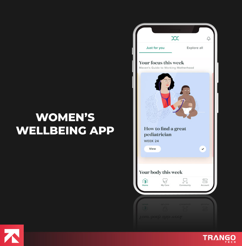Women’s wellbeing app with motherhood focus (pediatrician guide, week 24), by Trango Tech.