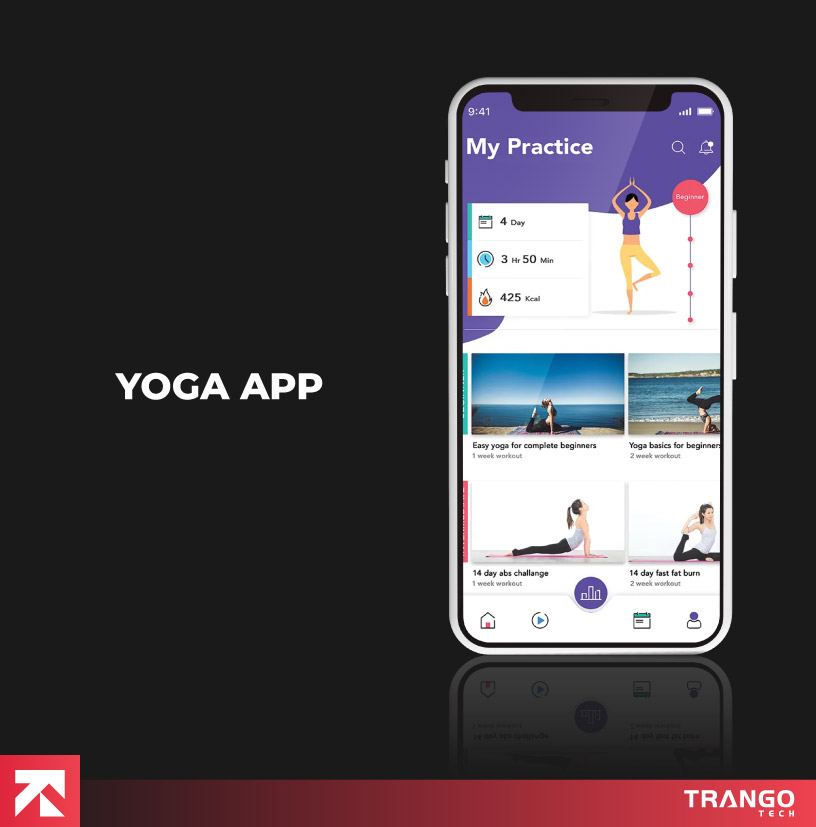 Yoga app with practice stats (4 days, 3h 50m) and courses (abs challenge, fat burn), by Trango Tech.