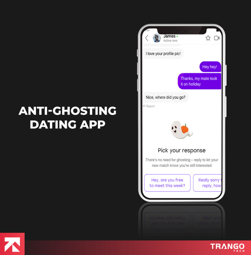 Anti-Ghosting Dating App chat interface with response options by Trango Tech.