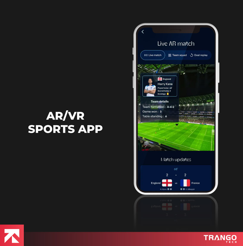 AR/VR sports app displaying live England vs France match with player stats and stadium view, developed by Trango Tech.