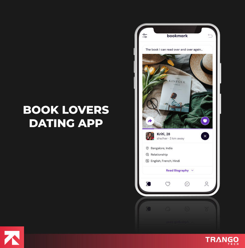 Book Lovers Dating App profile with book lover match details by Trango Tech.