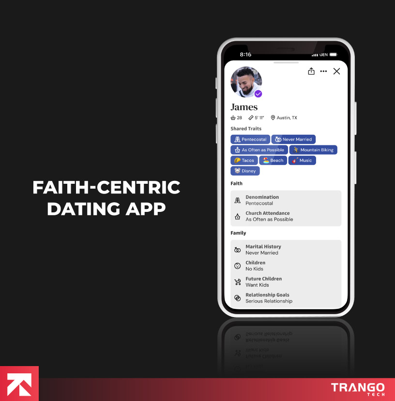 Faith-Centric Dating App profile with faith and family details by Trango Tech.