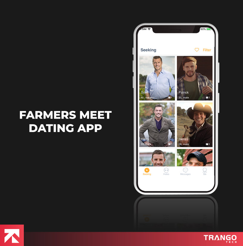 Farmers Meet Dating App interface with farmer profiles by Trango Tech.